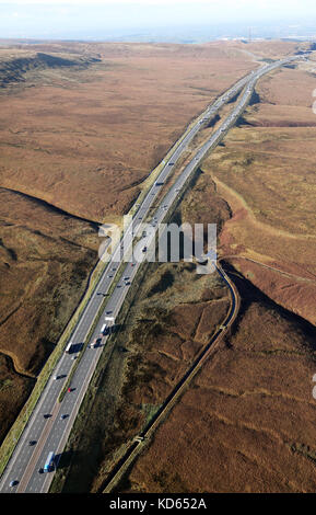 aeria view of the M62 motorway as it crosses  the Pennines at Moss Moor, near Manchester, UK Stock Photo