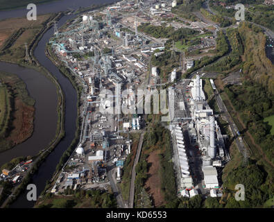 aerial view of chemical works along the Weaver Navigation canal at Runcorn including the Rocksavage Power Station. Stock Photo