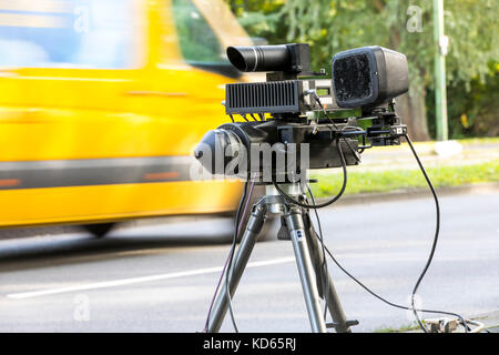 Speed control by German police in Essen, Germany, speed camera,  radar measuring, Stock Photo