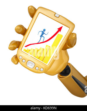 Gold 3d robotic hand hold a gold pda with person on arrow. Including clipping path Stock Photo