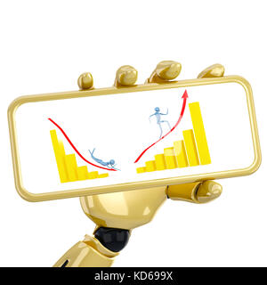 The 3d robotic hand hold a plate with golden graphs. Including clipping path Stock Photo