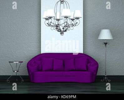 Purple sofa with table,stand lamp and luxury chandelier in minimalist interior Stock Photo