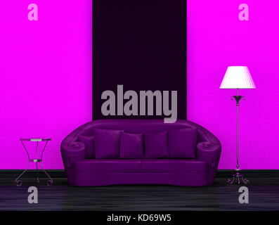Purple sofa with table and stand lamp in dark minimalist interior Stock Photo