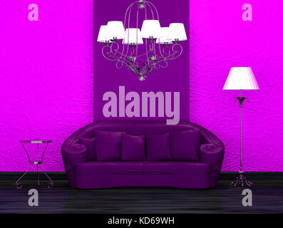 Purple sofa with table, stand lamp and luxury chandelier in minimalist interior Stock Photo