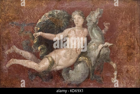 Naples. Italy. Roman fresco of a Nereid on a sea horse from Villa Arianna, Castellammare di Stabia (Stabiae). Museo Archeologico nazionale di Napoli.  Stock Photo