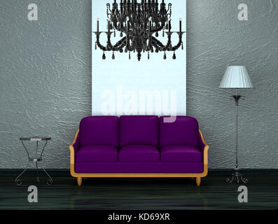 Purple sofa with table and stand lamp Stock Photo