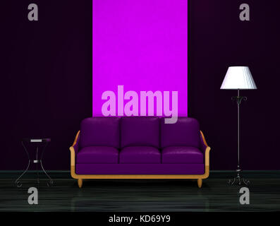 Purple couch with table and stand lamp in dark minimalist interior Stock Photo