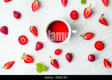 Strawberry tea and fruit flatlay top view Stock Photo