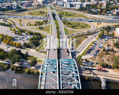 Arch bridge on Speer boulevard in Denver aerial view Stock Photo