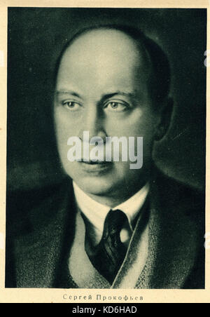 Sergei Prokofiev portrait. Russian composer, 1891-1953.  Card with Russian caption Stock Photo