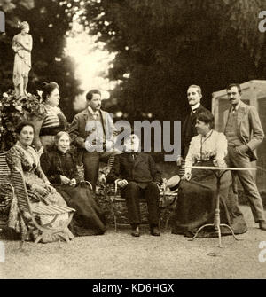 Verdi in front row with M. F.Carrara, G. Strepponi and G. Ricordi (left to right). Back row: T. Stolz on far left, G. Rocordi second from right. In the garden of Sant' Agata. Verdi: Italian composer (1813-1901) Stock Photo