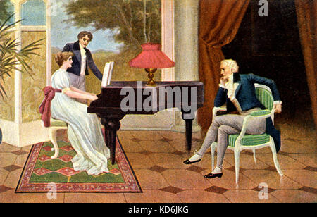 Young woman playing the piano (grand piano) on early 20th century English illustration, with man standing next to her and man listening attentively. Entitled: 'Songs of Long Ago'.  Set in the late 18th century. Stock Photo