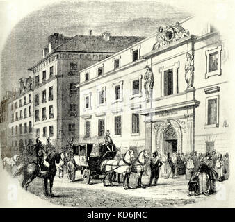 Paris Conservatoire in the 1830's. Exterior with carriage and people gathered around the entrance. Liszt, Berlioz and Chopin's time. Stock Photo