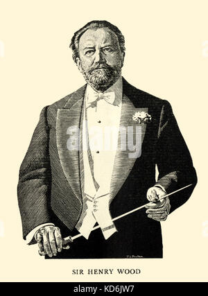 Sir Henry Wood, portrait with baton. Engraving inside of Programme for the 1934 BBC Proms, by T.L. Poulton. Promenade concerts, Queen's Hall, London.  English conductor, 1869-1944. Stock Photo