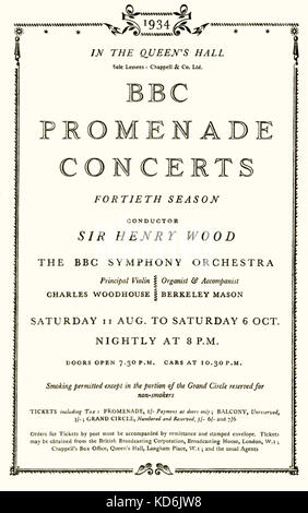 Inside page of programme for the 1934 BBC Proms. Promenade concerts, Queen's Hall, London.  Nightly concerts conducted by Sir Henry Wood. English conductor, 1869-1944. Stock Photo