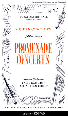 Programme cover for the 1944 BBC Proms. Promenade concerts conducted by Sir Henry Wood (on the year he died), Royal Albert Hall, London.  50th year, Jubilee Season.  H. Wood: English conductor, 1869-1944.  Illustrated with parts of staves, musical notations ans instruments. Stock Photo