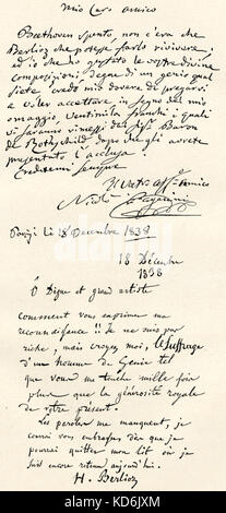 Paganini writes to Berlioz in Italian on the 18th December 1832, and Berlioz replies in French on the same day thanking him for the 20,000 francs.  Berlioz was always short of money, Paganini was the superstar of his day.   Paganini, Italian violinist and composer (1782-1840).  Berlioz, French compose, 1803-1869. Stock Photo