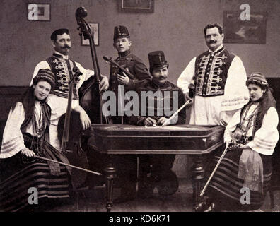 Gypsy Orchestra Rakokzi. Urbany 's Austro - Hungarian Orchestra. Gypsy costume. Violin, Double Bass, Cymbalom. (Dulcimer) Stock Photo