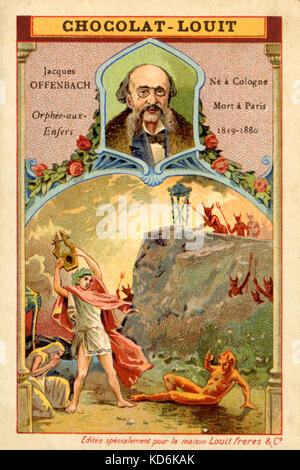 Orphée aux Enfers (Orpheus in the Underworld)  scene by Jacques Offenbach and portrait of the composer. German/French composer (1819-1880).  Chocolat-Louit postcard. Postcard Stock Photo