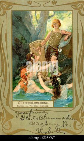 Siegfried and the Rhinemaidens from Wagner's Götterdämmerung (Twilight of the Gods) from the Ring Cycle. Rhine maiden maidens.German composer & author, 1813-1883. Der Ring des Nibelungen (The Ring of the Nibelung). Wagnerian tetralogy. Postcard Stock Photo
