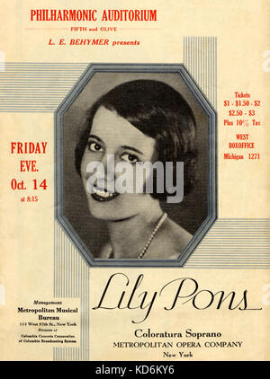 Lily Pons - portrait on programme cover dated 14 October 1932, Metropolitan Opera Company, New York, USA.  American coloratura soprano / French birth, 16 April 1898 - 13 January 1976. Stock Photo