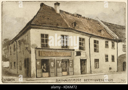 Ludwig van Beethoven 's house in Rathausgasse, Baden. Drawn by L V Pollak. German composer, 17 December 1770 - 26 March 1827. His favourite summer resort town where he stayed for his health during 1803 - 1825.  In 1823 he completed work on the Ninth Symphony at Rathausgasse. Postcard Stock Photo