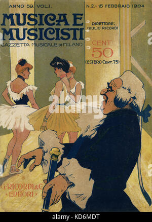 Musica e Musicisti '  Cover of turn of 20th century Italian music magazine,  , the musical gazette of Milan, featuring three ballerinas in typical 1900s style,  with ballet master. Stock Photo