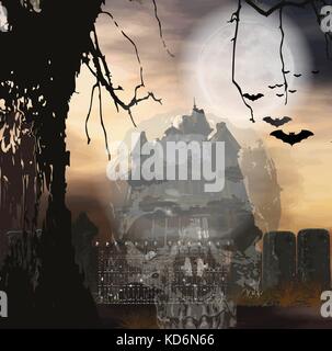 Halloween background on dark night, twilight with full moon backdrop, graveyards, Scary and Silent ,cross on weary fields,haunted castle, dead tree Stock Vector