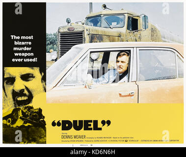 Duel (1971) directed by Steven Spielberg and starring Dennis Weaver, Jacqueline Scott and Eddie Firestone. The worst case of road rage, a psychopathic driving a truck terrorizes and attempts to kill an innocent businessman in the desert. Stock Photo