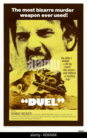Duel (1971) directed by Steven Spielberg and starring Dennis Weaver, Jacqueline Scott and Eddie Firestone. The worst case of road rage, a psychopathic driving a truck terrorizes and attempts to kill an innocent businessman in the desert. Stock Photo