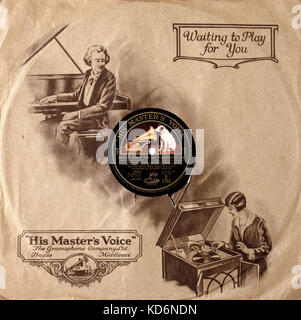 78 rpm paper Record cover of  Wagner 's ' Tristan und Isolde ' performed by Lauritz Melchior and Berlin State Opera Orchestra , conducted by Coates with HMV (His Master's Voice) logo. Drawing of woman playing old fashioned gramophone Stock Photo