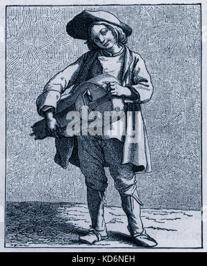 Daily life in French history: a hurdy-gurdy player / street musician in 18th century Paris, France. Working class, poor, rustic, livelihood, during reign of Louis XV. Trade, tradesmen, commerce, merchandise. Stock Photo