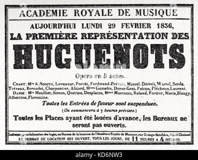 Giacomo Meyerbeer 's opera 'Huguenots' - poster advertising the premiere on 29 February 1836 at Academie Royale de Musique in Paris.  . German composer, 5 September 1791 - 2 May 1864. Stock Photo