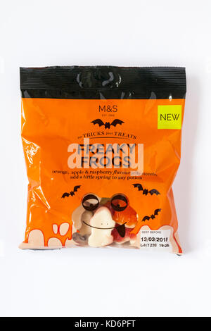Packet of M&S Freaky Frogs orange apple & raspberry flavour jelly sweets add a little spring to any potion - no tricks just treats for Halloween Stock Photo