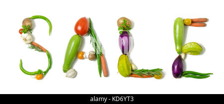 Word 'Sale' written with vegetables as a  concept for healthy lifestyle, vegetarian or vegan diet, getting fit or reducing calories Stock Photo