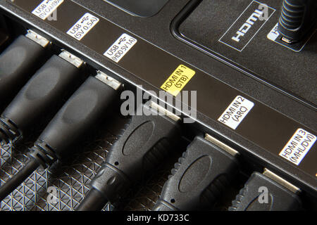 The back panel of the TV with the connectors of the electrical devices. USB and HDMI cables plugged into TV slots. Stock Photo