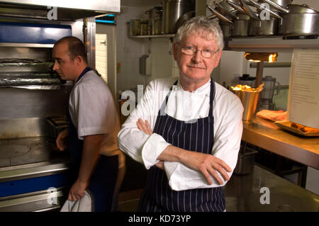 Chef/restaurateur Shaun Hill with his restaurant The Walnut Tree, Abergavenny, Wales. Stock Photo