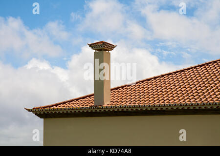 Fragment of a tiled roof with a ventilating pipe against the sky Stock Photo
