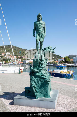 Bronze sculpture of Odysseus on the harbourside at Vathy on Ithaca in the Greek Ionian Islands Stock Photo