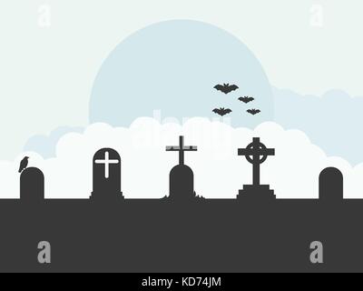 Cemetery landscape, graves, bats, flat style. Vector illustration Stock Vector
