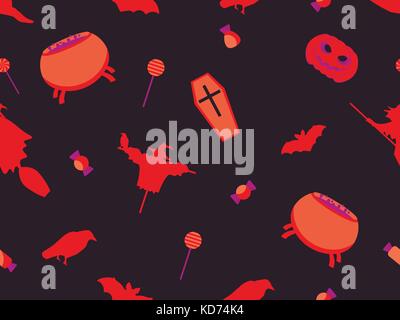 Halloween seamless pattern with pumpkins, bats and witches. Festive elements. Vector illustration Stock Vector