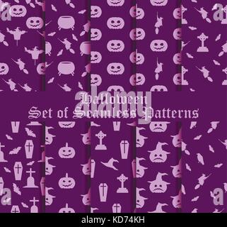 Halloween set of seamless patterns with pumpkins, witches and celebratory symbols. Vector illustration Stock Vector