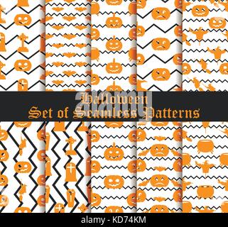 Halloween set of seamless patterns with pumpkins, witches and celebratory symbols. Vector illustration Stock Vector