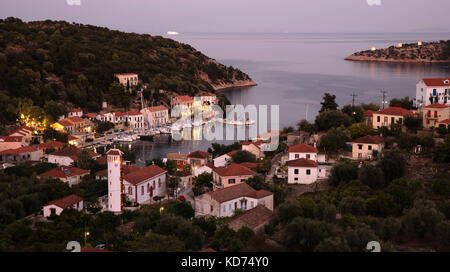 The little harbour of Kioni on the island of Ithaka in northern Greece at dusk Stock Photo
