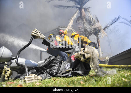 Anahiem Hills, CA, USA. 9th Oct, 2017. The Canyon Fire 2 burns in Anaheim Hills Monday October 9th, 2017. At least six homes were burning by early afternoon as strong Santa Ana Winds forced evacuations in Orange County. Credit: Stuart Palley/ZUMA Wire/Alamy Live News Stock Photo