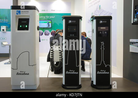 Stuttgart, Germany. 10th Oct, 2017. Charging points for electric vehicles ' made in Barcelona ' at the EVS30, Electric Vehicle Symposium and Exhibition. Credit: Juergen Schwarz/Alamy Live News