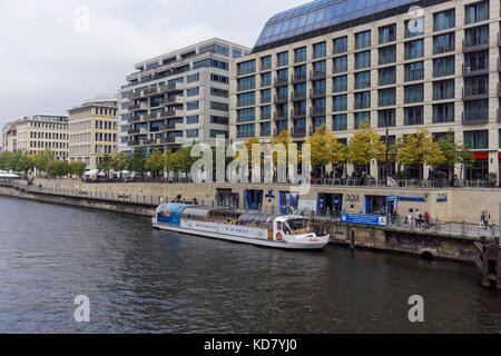 Cruise boat on the River Spree near DDR Museum in Berlin, Germany Stock Photo