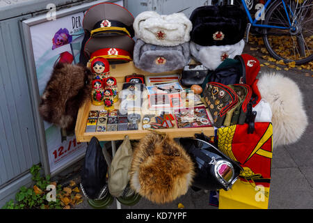 Stall with Soviet era souvenirs near Checkpoint Charlie, Berlin, Germany Stock Photo