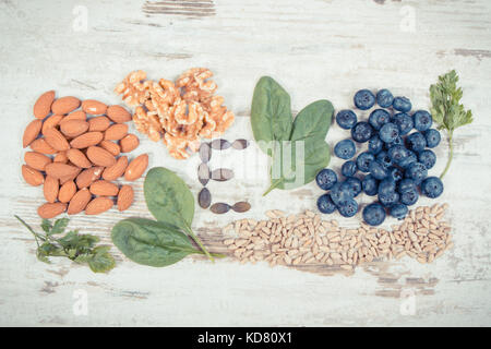 Vintage photo, Natural ingredients or products as source vitamin E, minerals and dietary fiber, healthy nutrition concept Stock Photo