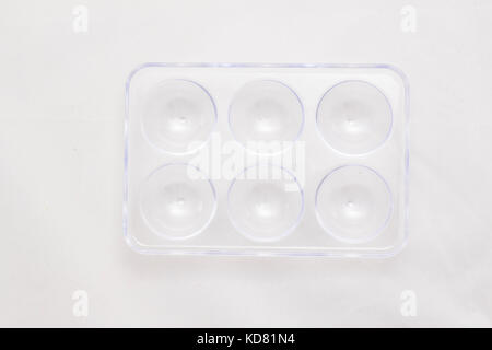 Empty Egg Tray, Zero Eggs, Six Eggs Minus Six, Isolated on White Background Stock Photo